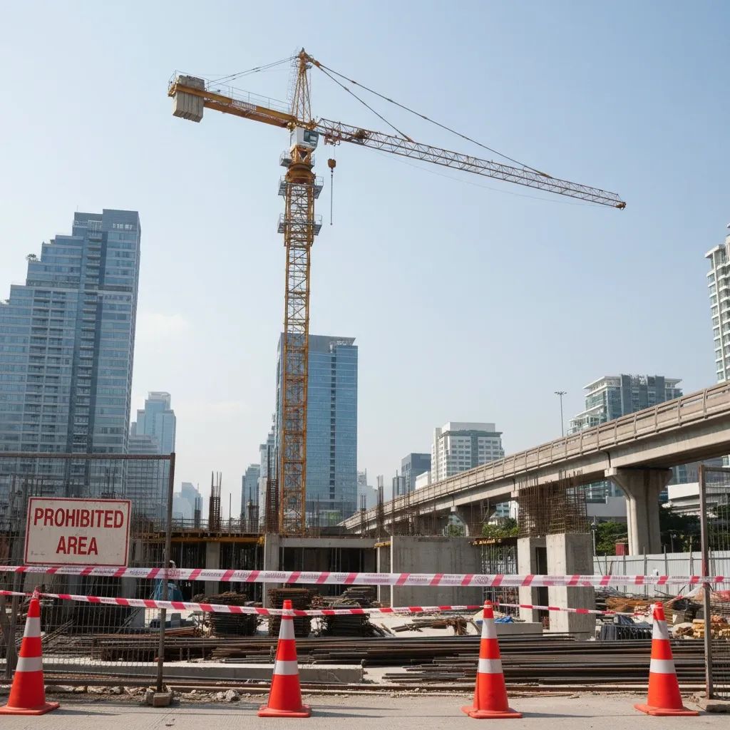 Cordoned-off Bangkok construction site with idle tower crane and traffic cones after collapse incident