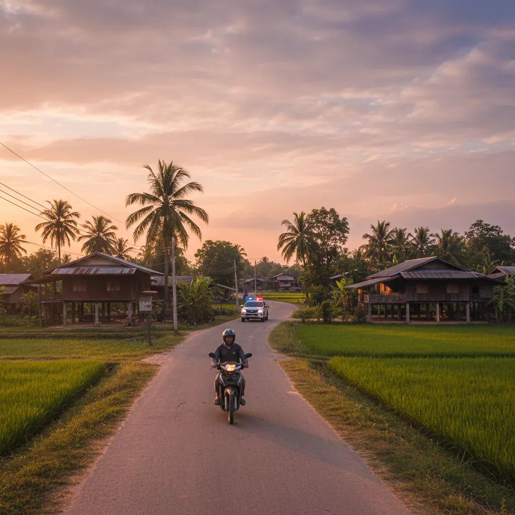 Rural Thailand village road at sunset with police patrol vehicle, representing drug violence and law enforcement in northern provinces