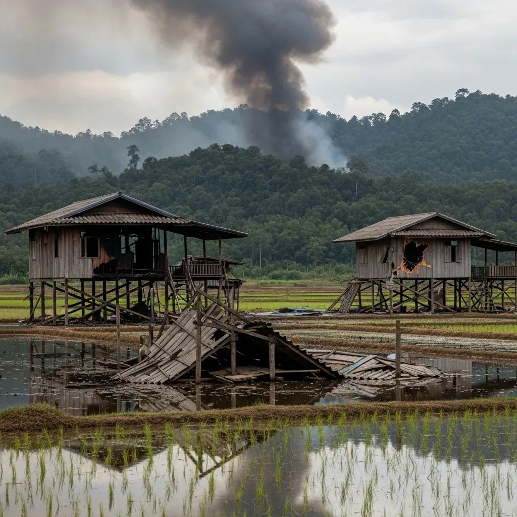 Damaged wooden stilt houses and smoke rising over paddy fields in a Thai border village