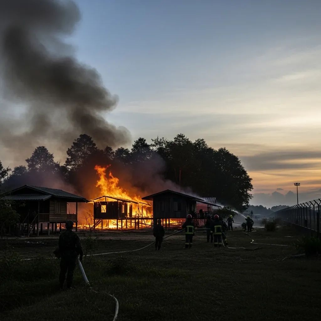 Soldiers and firefighters at burning wooden houses in Sa Kaeo border village amid rising smoke