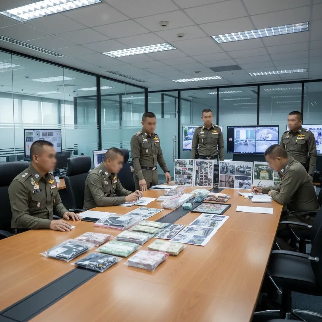 Thai police officers conducting evidence review in modern law enforcement office setting