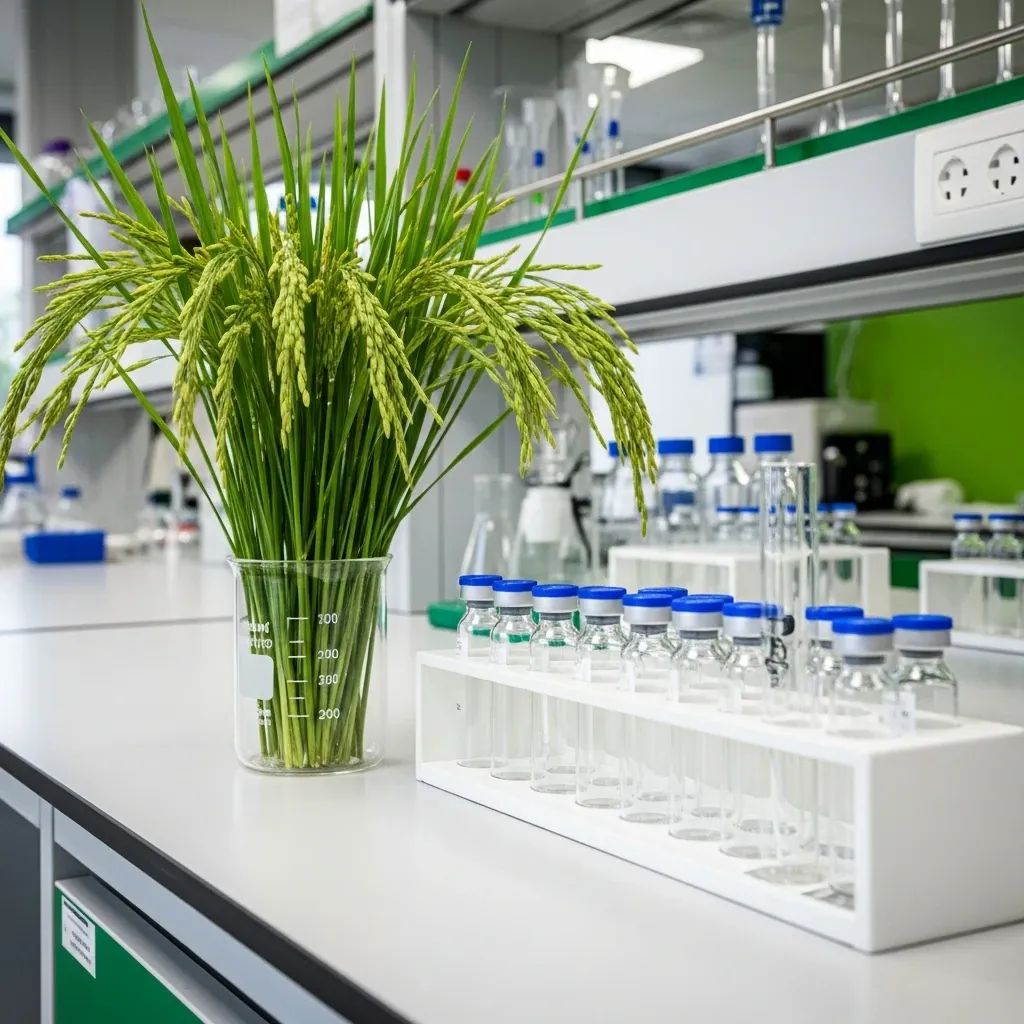 Laboratory bench with rice stalks and pharmaceutical vials symbolizing Thailand’s farm-to-pharma transition