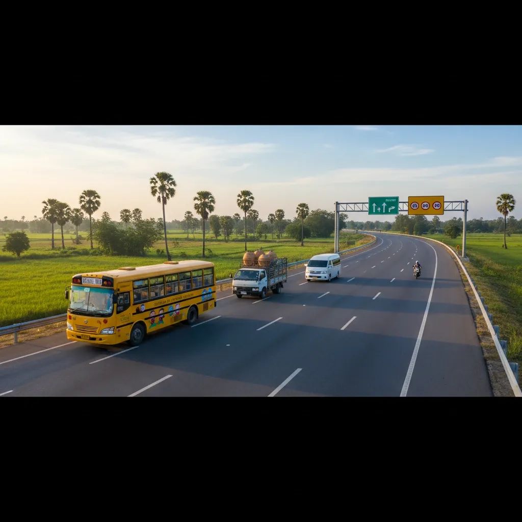 Thai provincial highway with mixed transport vehicles demonstrating road safety infrastructure and vehicle types