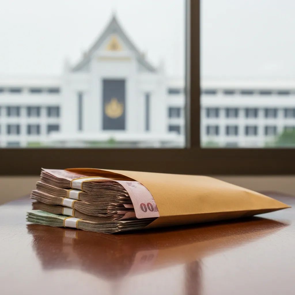 Brown envelope with Thai baht notes on government desk, hinting at corruption costs in Thailand