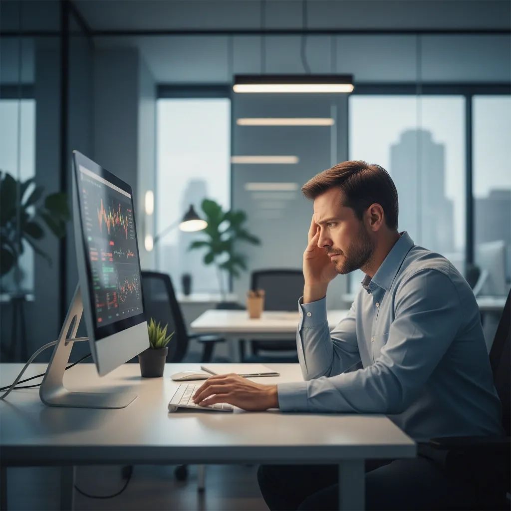 Person reviewing financial account online, concerned expression while checking investment app on computer screen