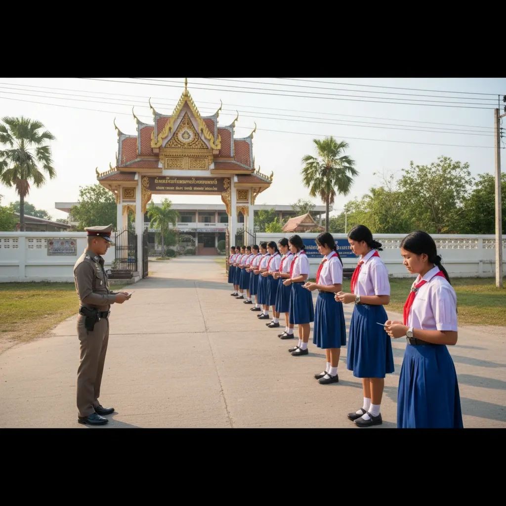 Police officer screening parents and pupils at a Pathum Thani school gate on the first day back after gunman surrender