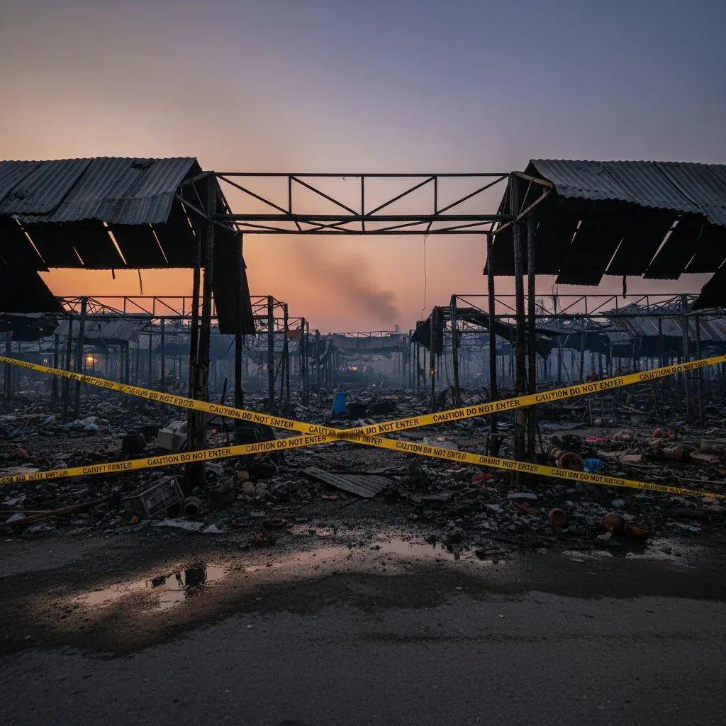 Charred Chatuchak market stalls sealed with yellow hazard tape after Bangkok blaze
