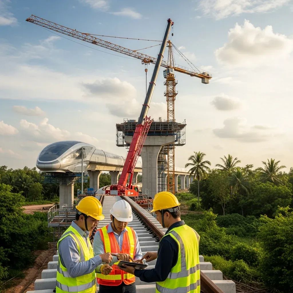 Engineers inspecting crane and rail track at Thai high-speed rail construction site