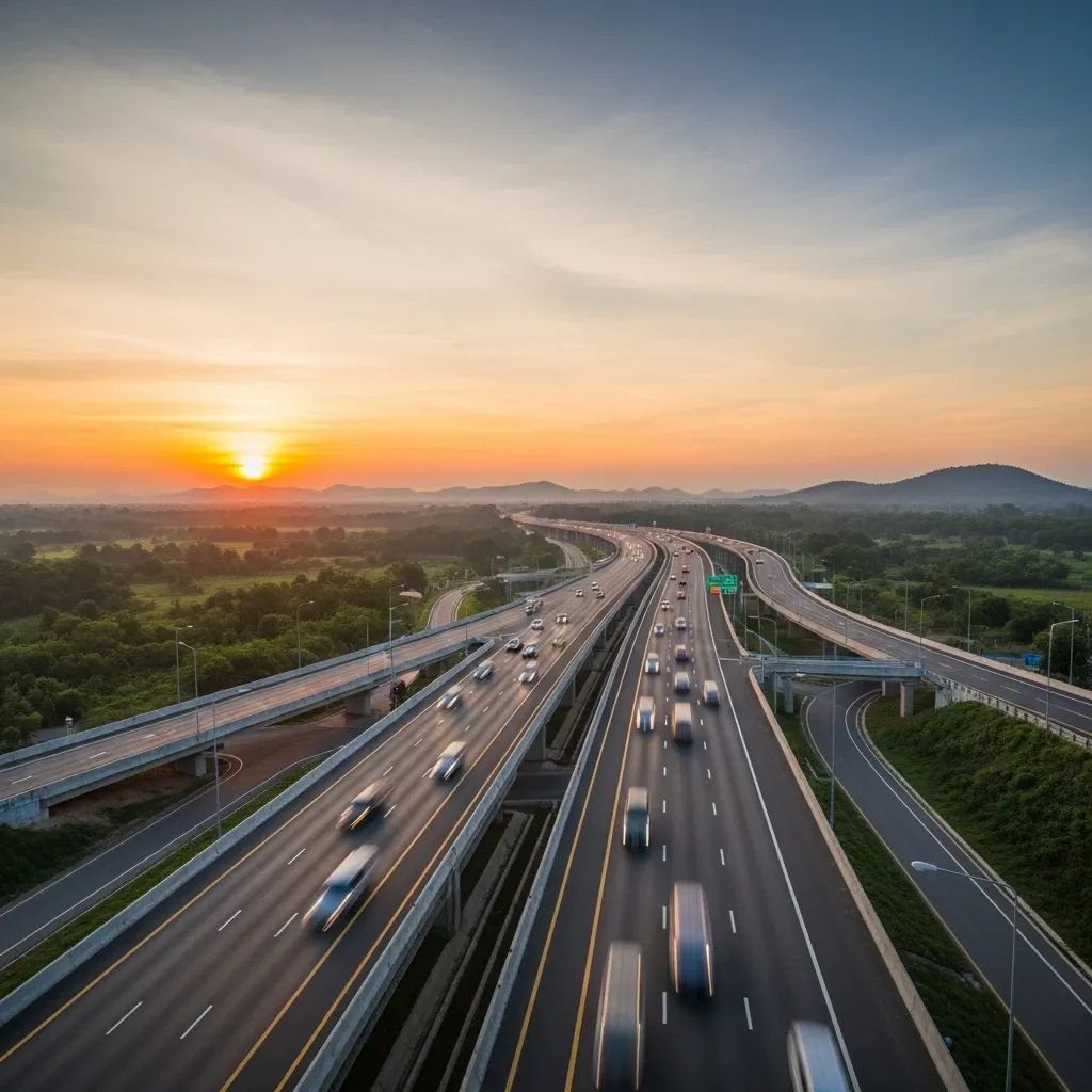 Wide-angle view of the M6 motorway at sunrise with smooth traffic flow through green Thai countryside