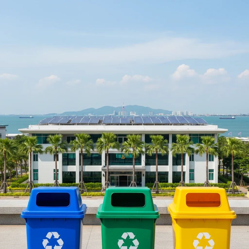 Pattaya municipal building with rooftop solar panels and recycling bins highlighting new city green initiatives
