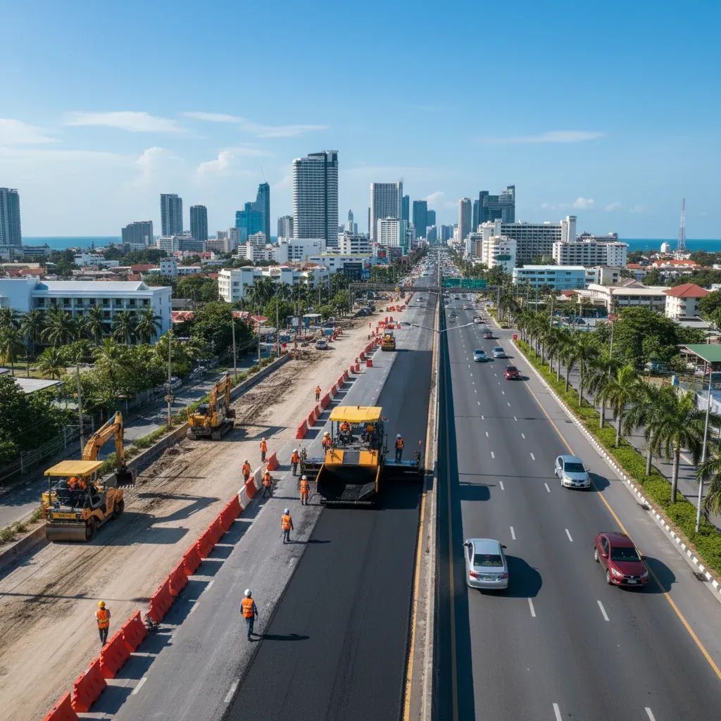 Construction workers resurfacing Pattaya road with asphalt machinery and temporary traffic management barriers