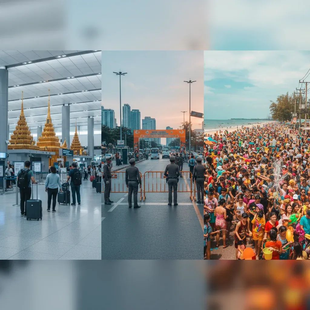Collage showing Songkran festival variations: Suvarnabhumi airport cultural installations, Bangkok regulated celebration zone with checkpoints, Pattaya street festival with crowds