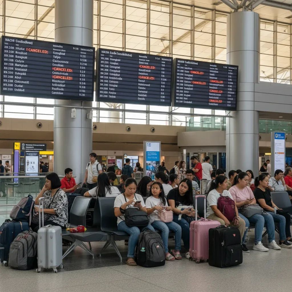 Stranded passengers and luggage at Thailand airport terminal during flight cancellations crisis