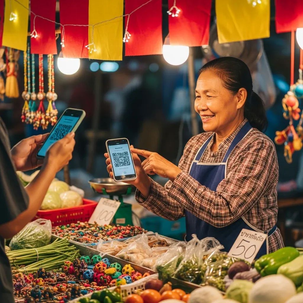 Thai street vendor scanning QR code on smartphone at a market stall