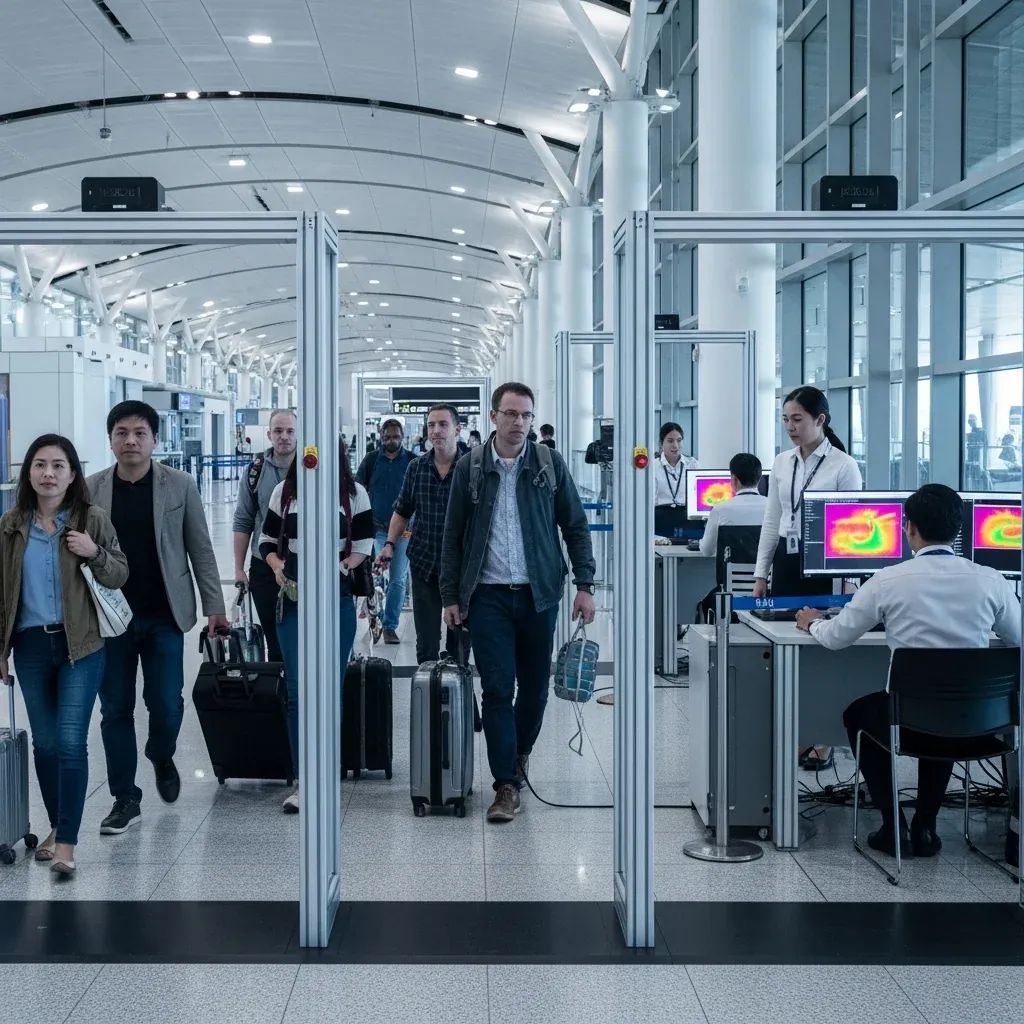 Passengers passing through thermal scanners at a Thai airport terminal