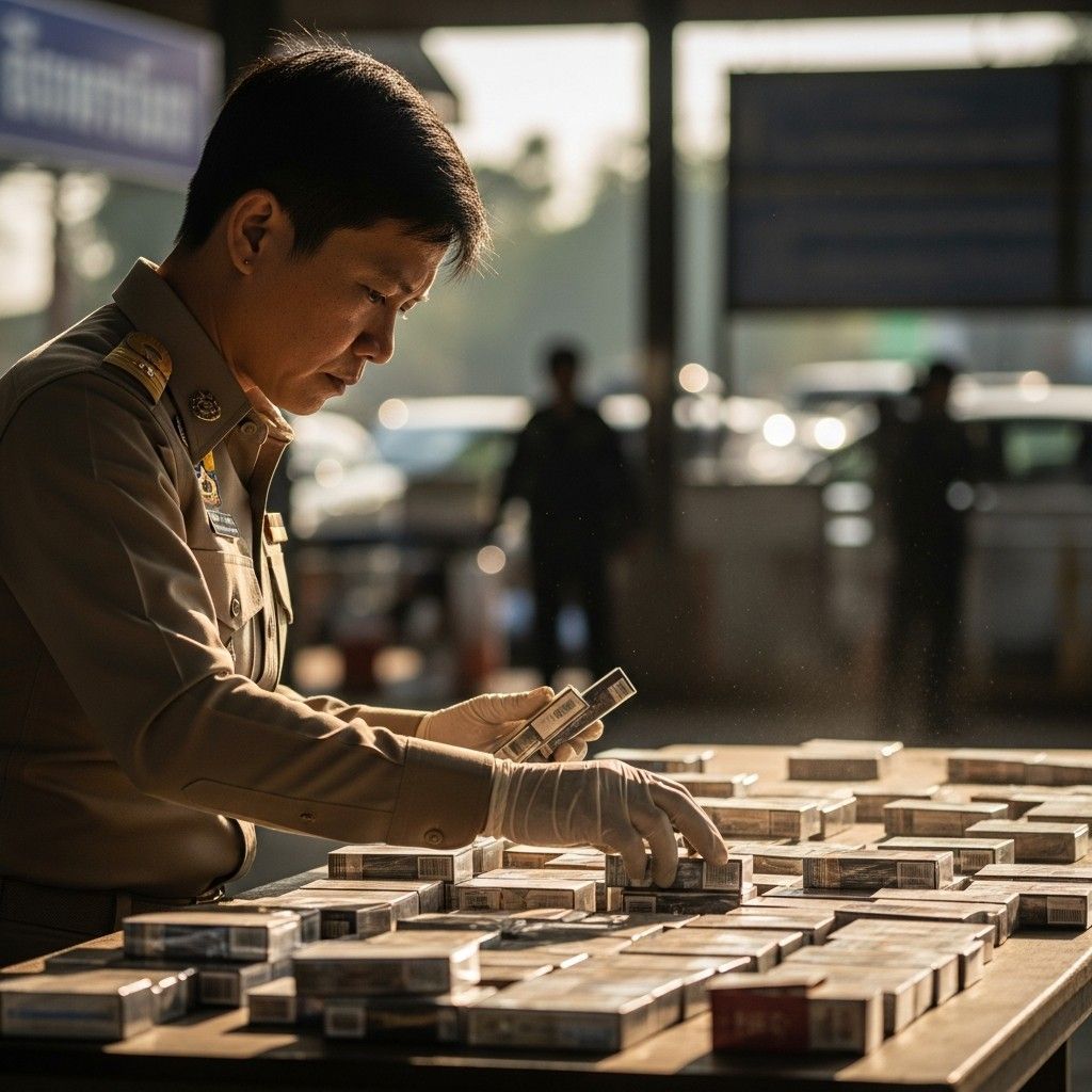 Customs officer inspecting seized cigarette packs at Thai border checkpoint