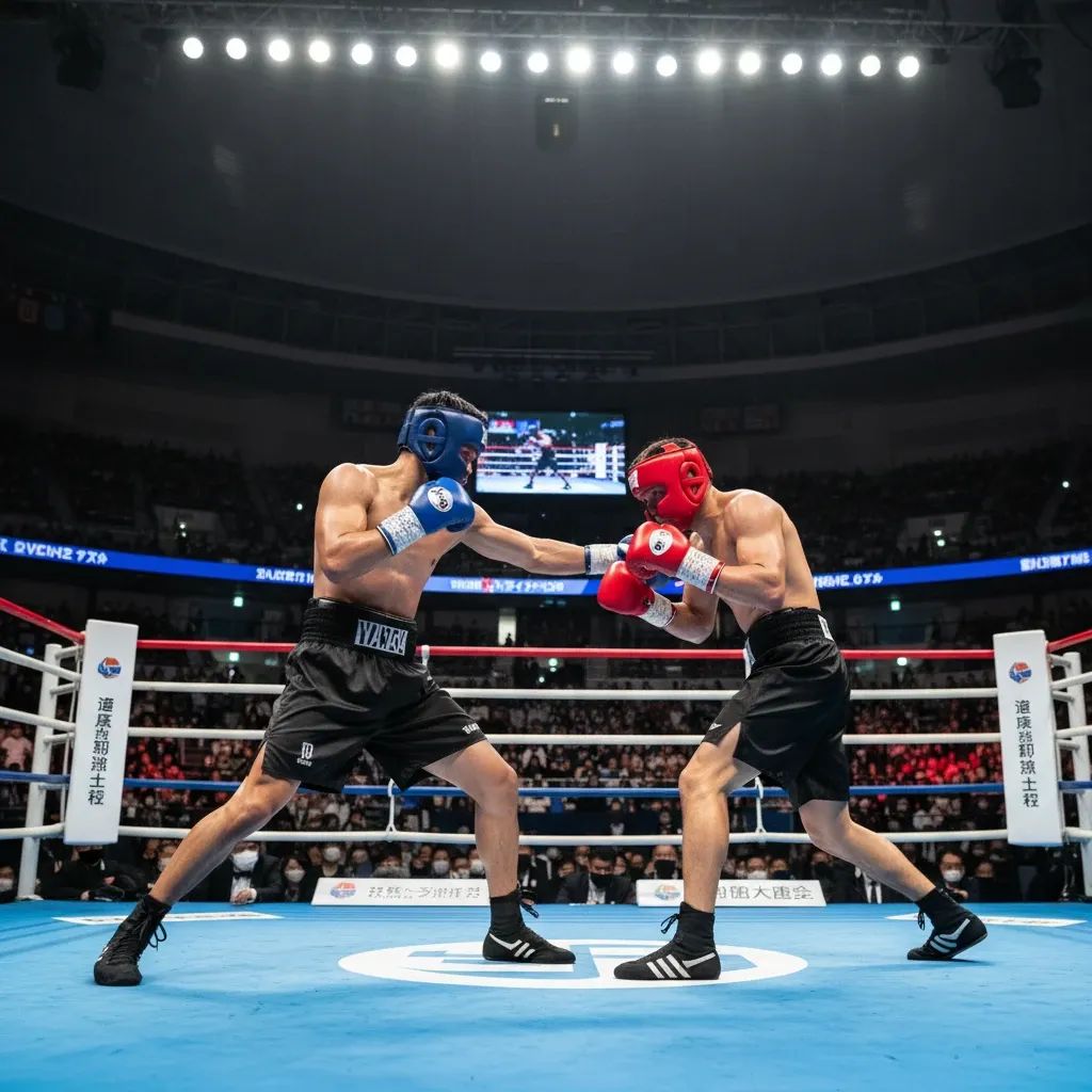 Two professional boxers in fighting stance inside a modern boxing ring with dramatic lighting