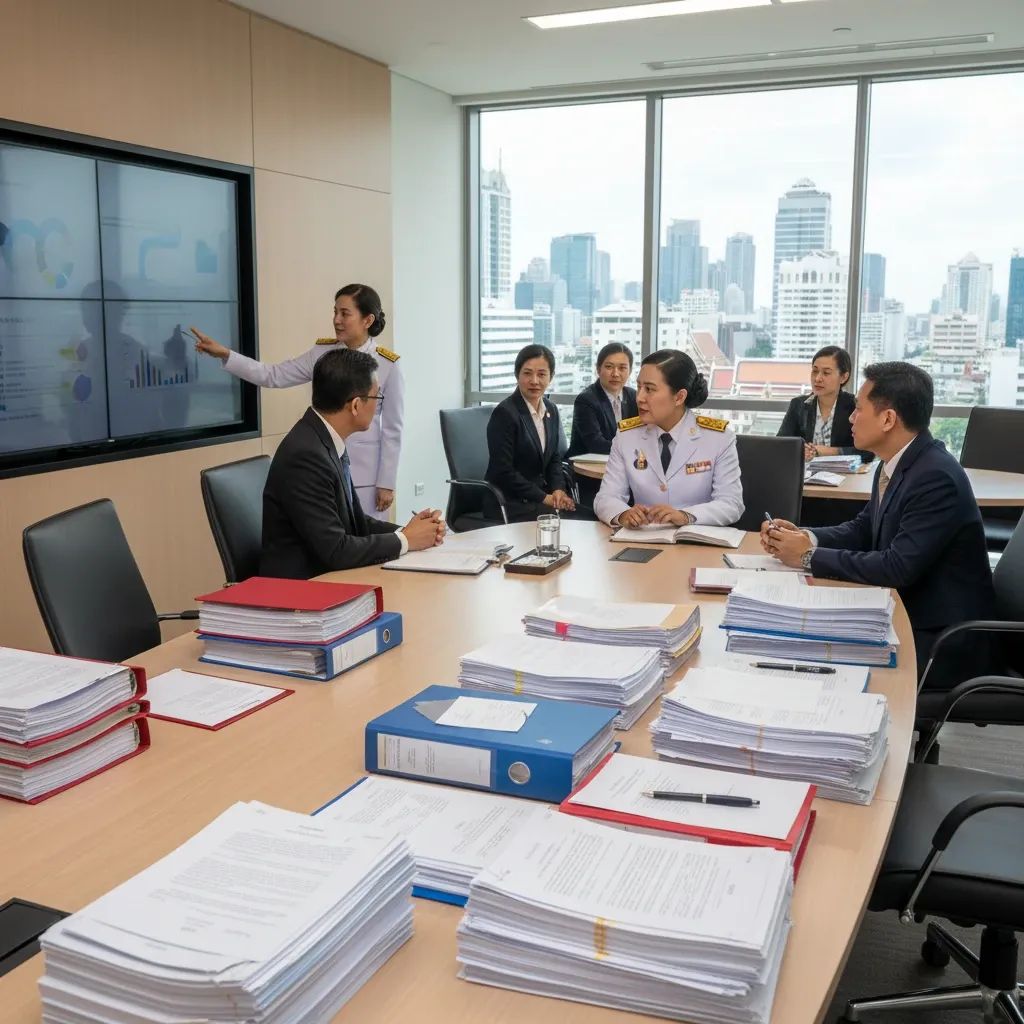 Thai government officials reviewing ministerial nominee documents during cabinet vetting process