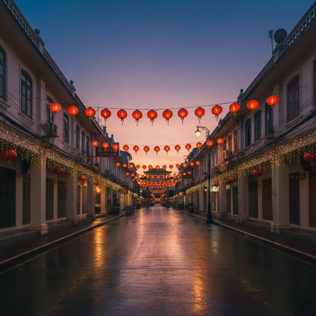 Empty Yaowarat Chinatown street in Bangkok decorated with red lanterns and lights