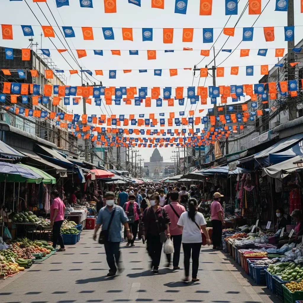 Wide shot of Korat market street adorned with orange, red, and blue election banners