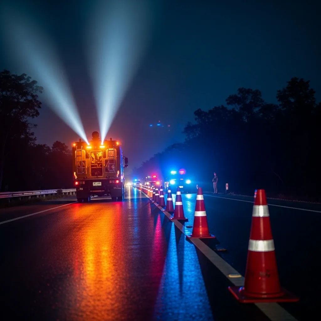 Rural Thai highway at night lit by mobile lighting trucks and traffic cones during New Year safety patrol
