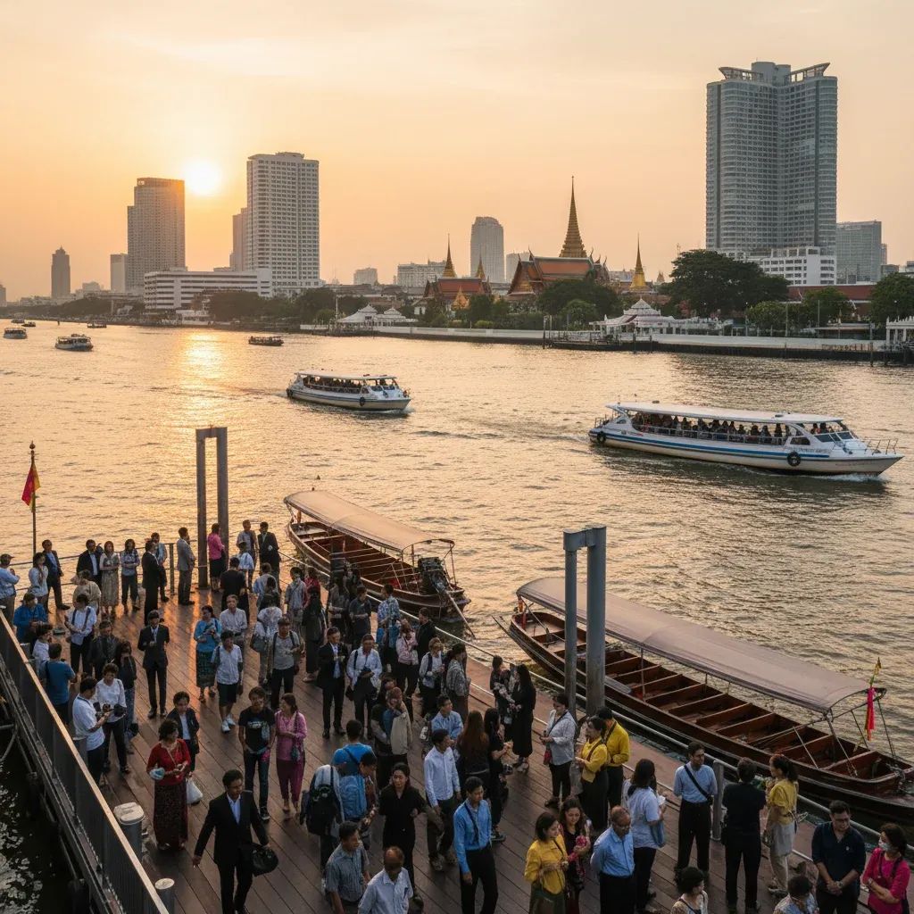 Commuters boarding Chao Phraya Express boats at Bangkok riverside pier with river and cityscape background