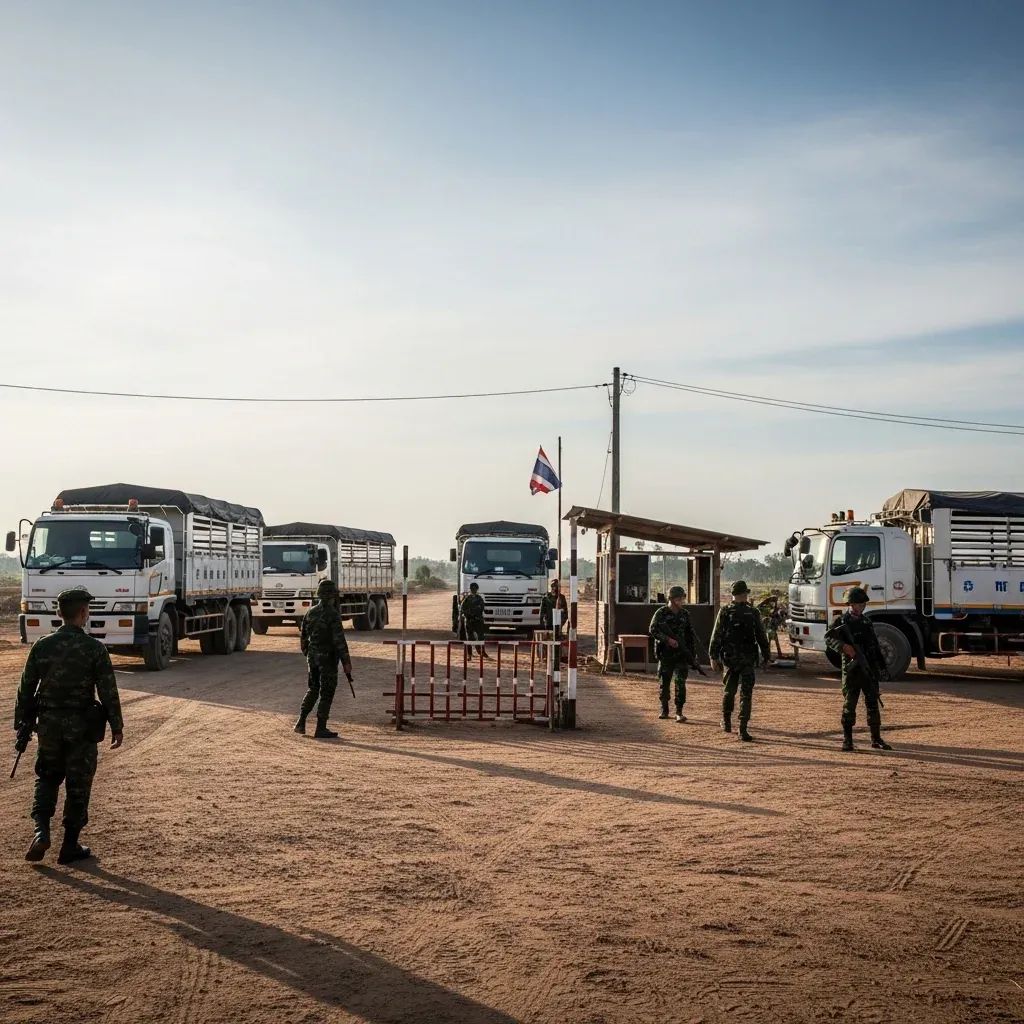 Soldiers patrolling a rural Thai-Cambodian border checkpoint with empty cargo trucks awaiting inspection