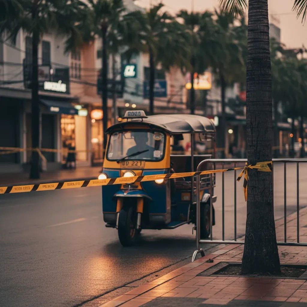 Empty tuk-tuk stopped behind police barrier tape on a Phuket street at dusk
