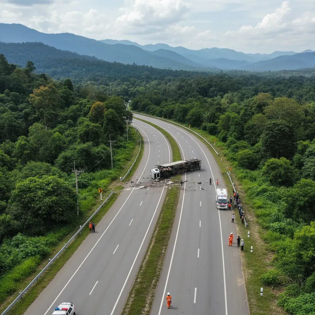 Overturned truck on Thailand highway in Kanchanaburi province following human trafficking incident
