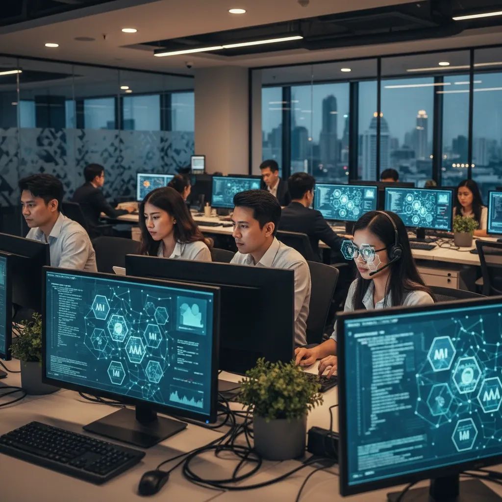 Modern Bangkok newsroom with journalists using AI tools and computers, representing the integration of artificial intelligence in Thai media operations.