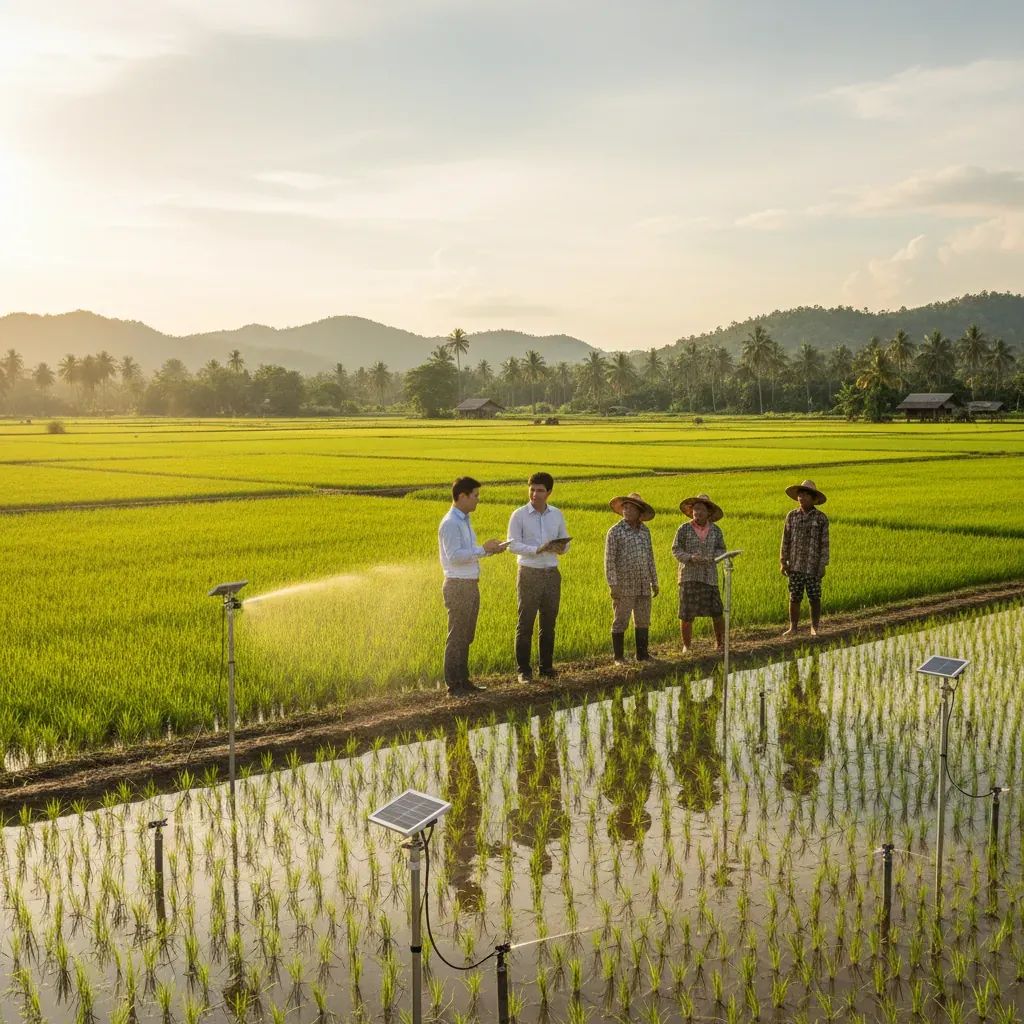 Thai farmers working in rice paddy fields with modern smart farming technology and sensors