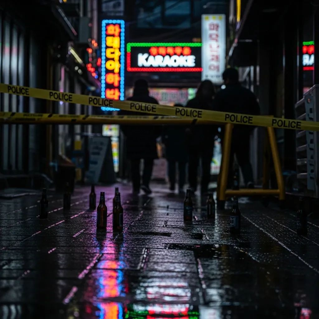 Neon-lit Korean karaoke bar alley with scattered beer bottles and police tape
