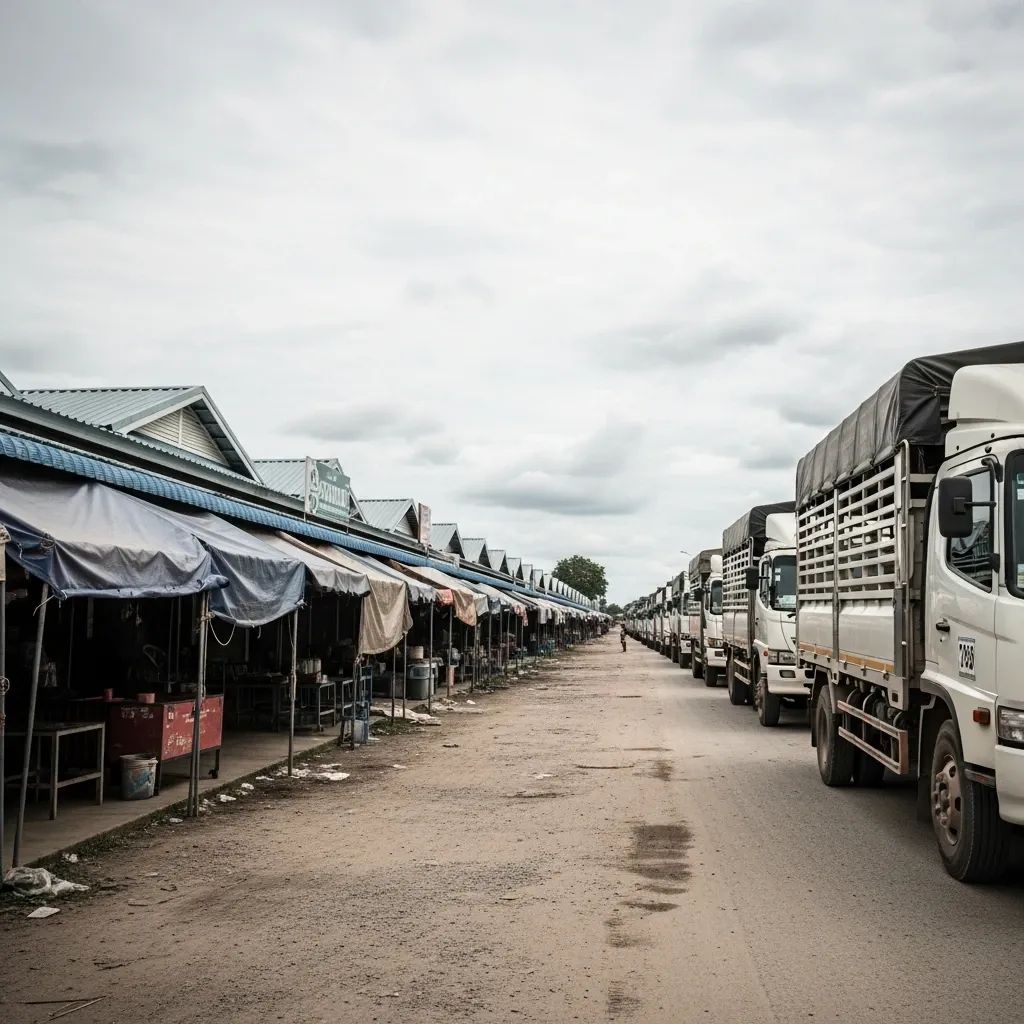 Deserted border market stalls and idle trucks at Thailand-Cambodia frontier checkpoint