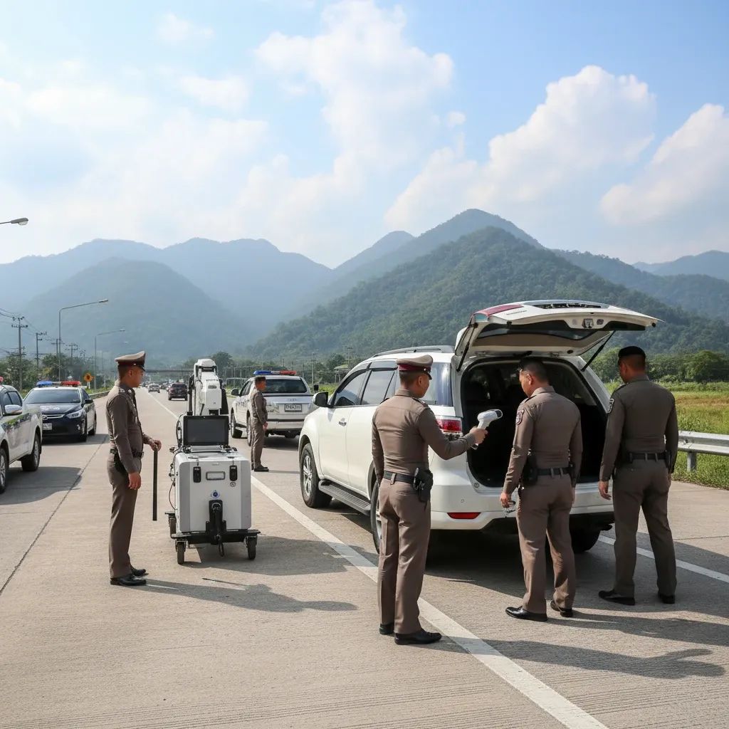 Thai police officers conducting vehicle inspection at northern highway checkpoint with scanning equipment