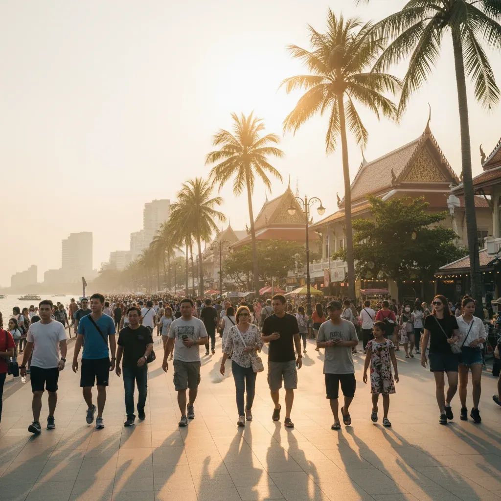 Pattaya beachfront scene showing tourists and local activity during evening hours