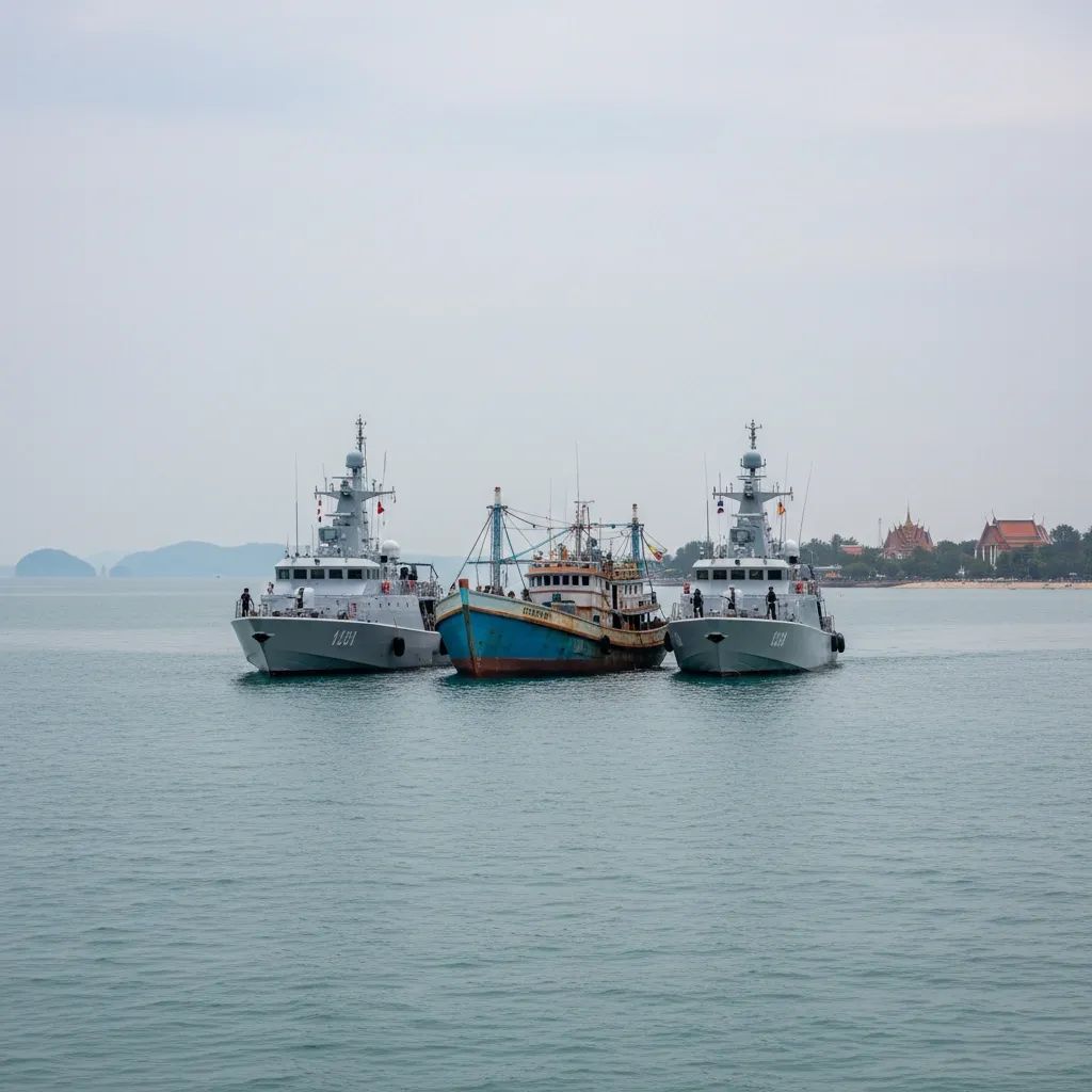 Thai trawler escorted by naval patrol boats near Trat–Koh Kong waters after Cambodia impoundment