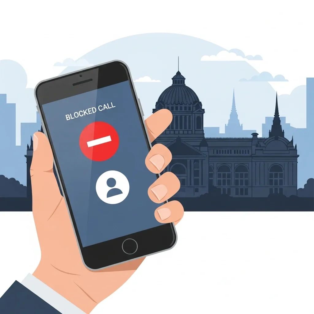 Illustration of smartphone blocking scam calls with Thai parliament silhouette in background