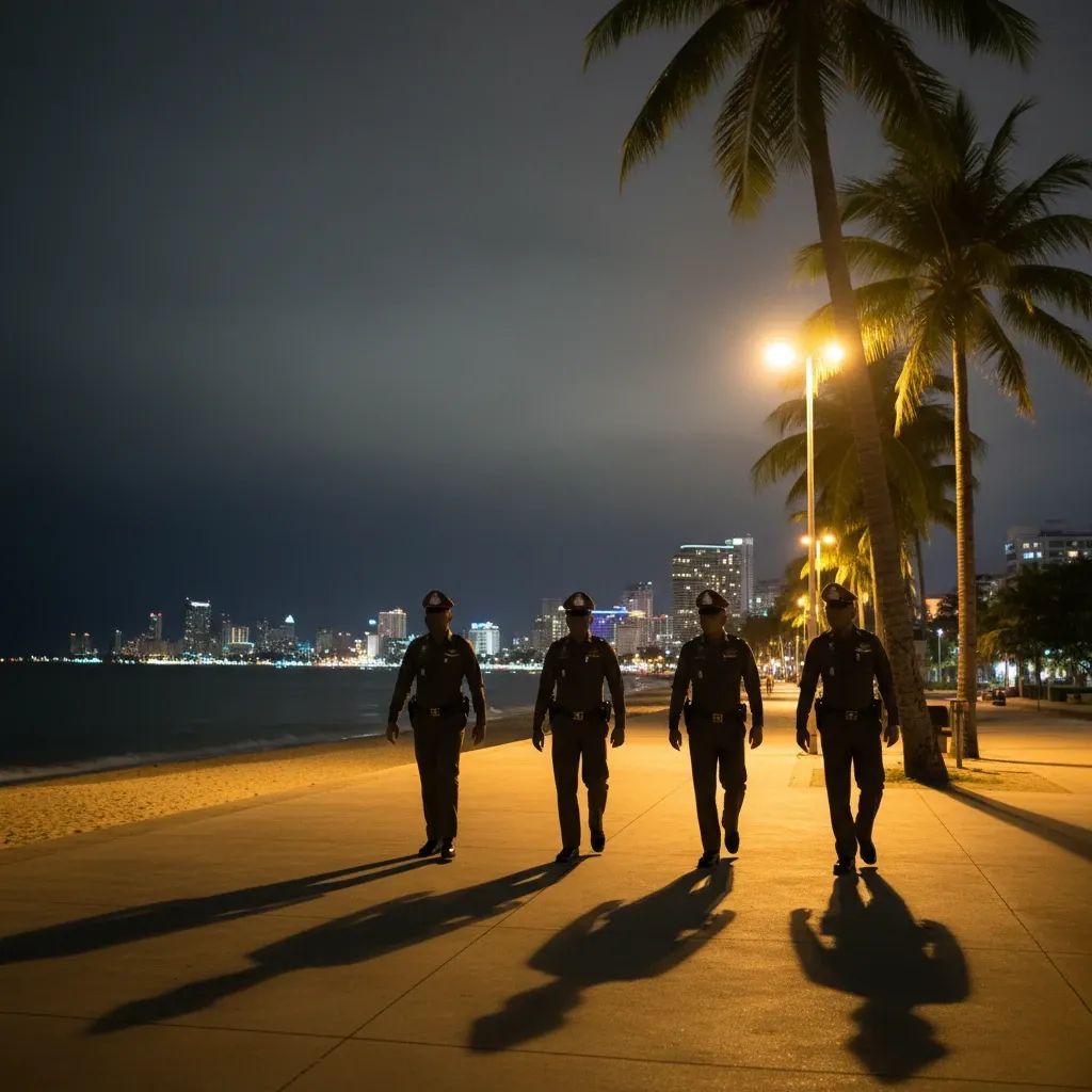 Police officers patrol Pattaya’s palm-lined beach promenade at night under streetlights