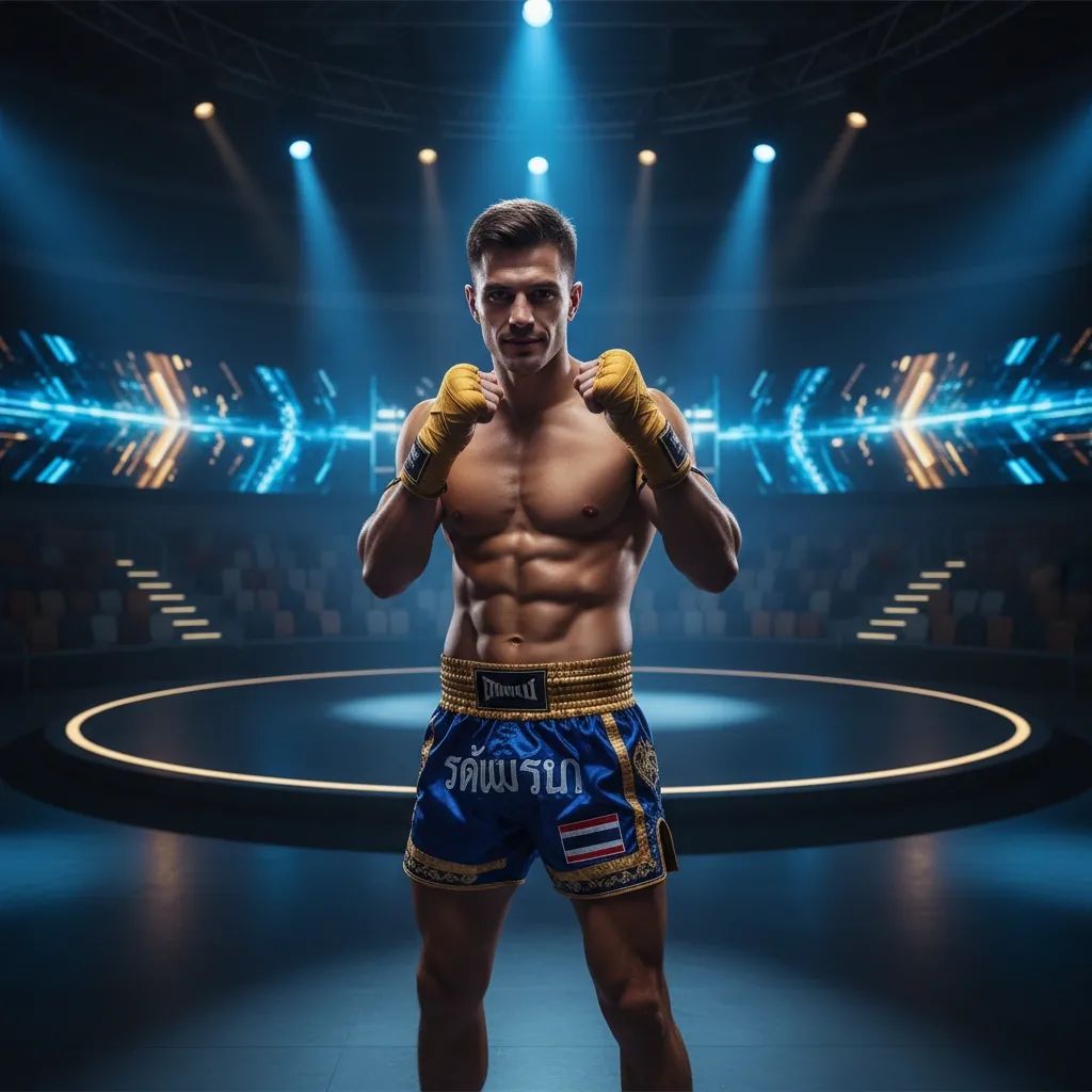 Professional kickboxer in athletic stance with modern arena lighting in the background