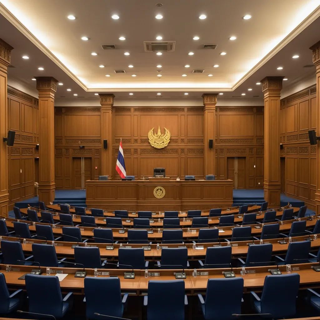 Empty Thai parliamentary chamber with speaker's podium and legislative seating arranged for session