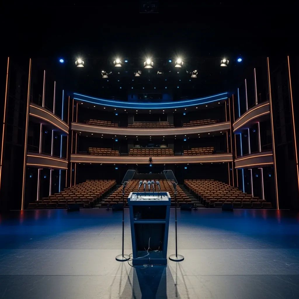 Empty Aksra Theatre stage with podium and seating prepared for Bhumjaithai party announcement
