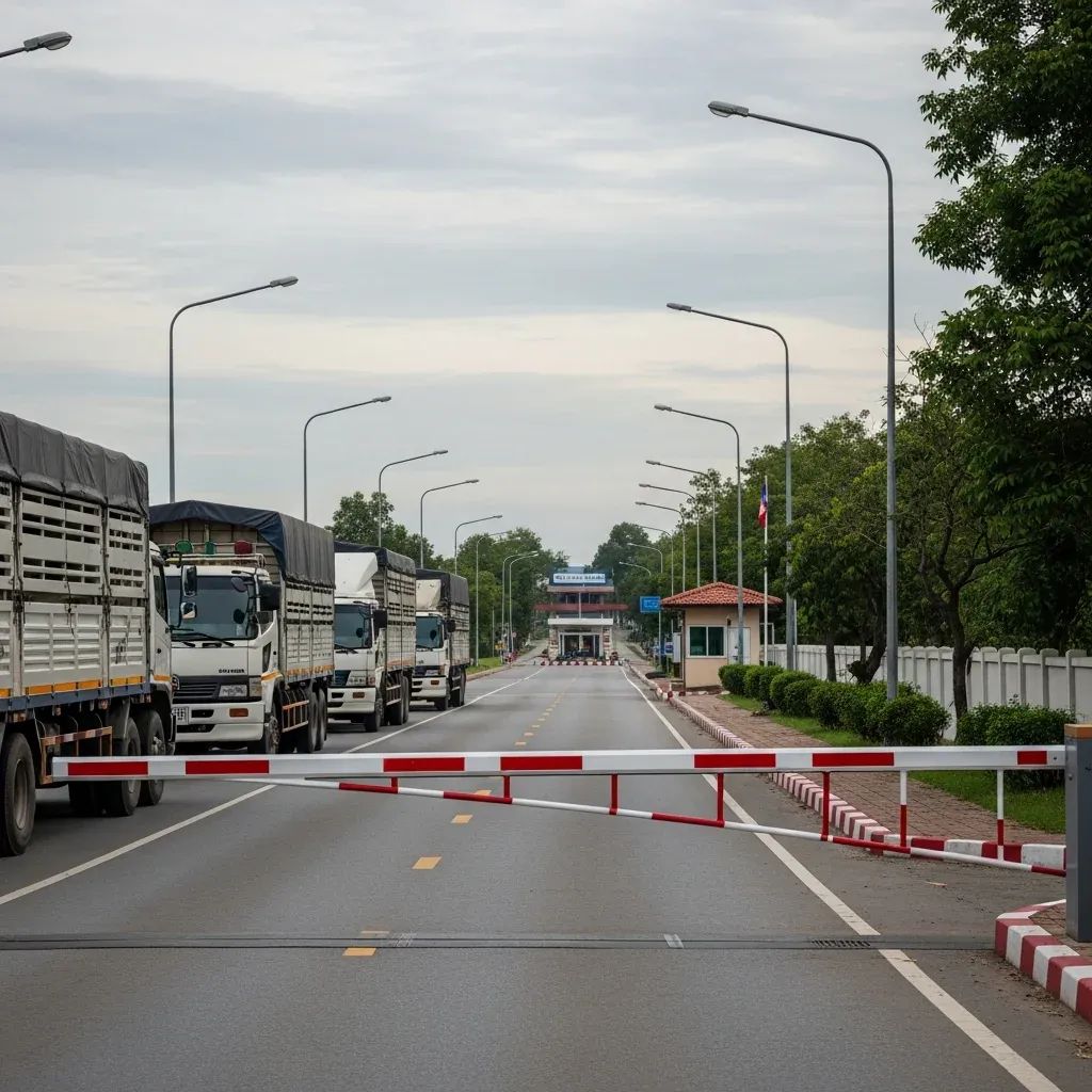 Empty Thailand-Cambodia border checkpoint with closed barrier and parked cargo trucks