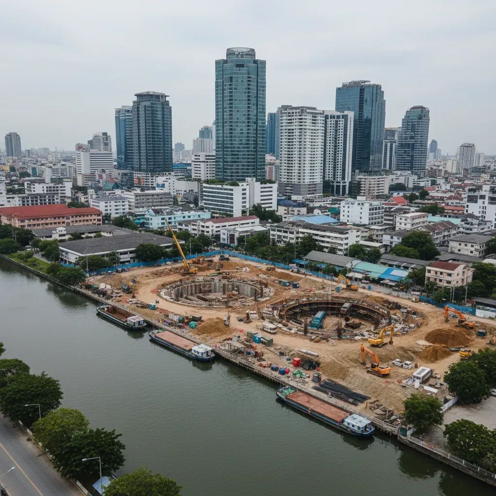 Aerial view of canal tunnel construction near Hat Yai city skyline