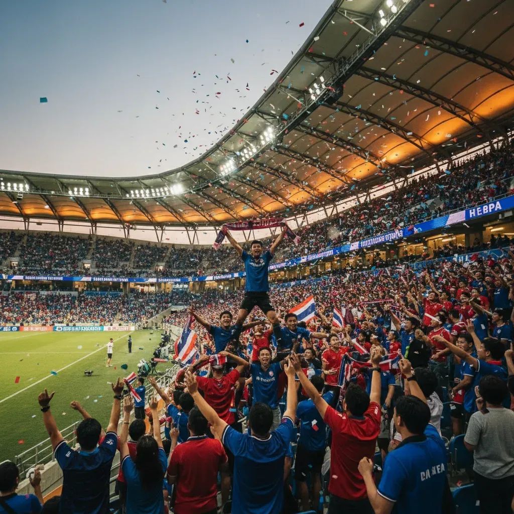 Thai football supporters at Bangkok United match inside stadium with lights