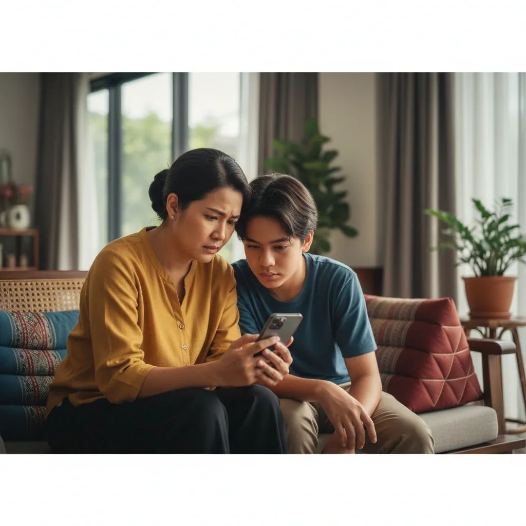 Parent and teenager having serious conversation about smartphone safety and drug awareness at home