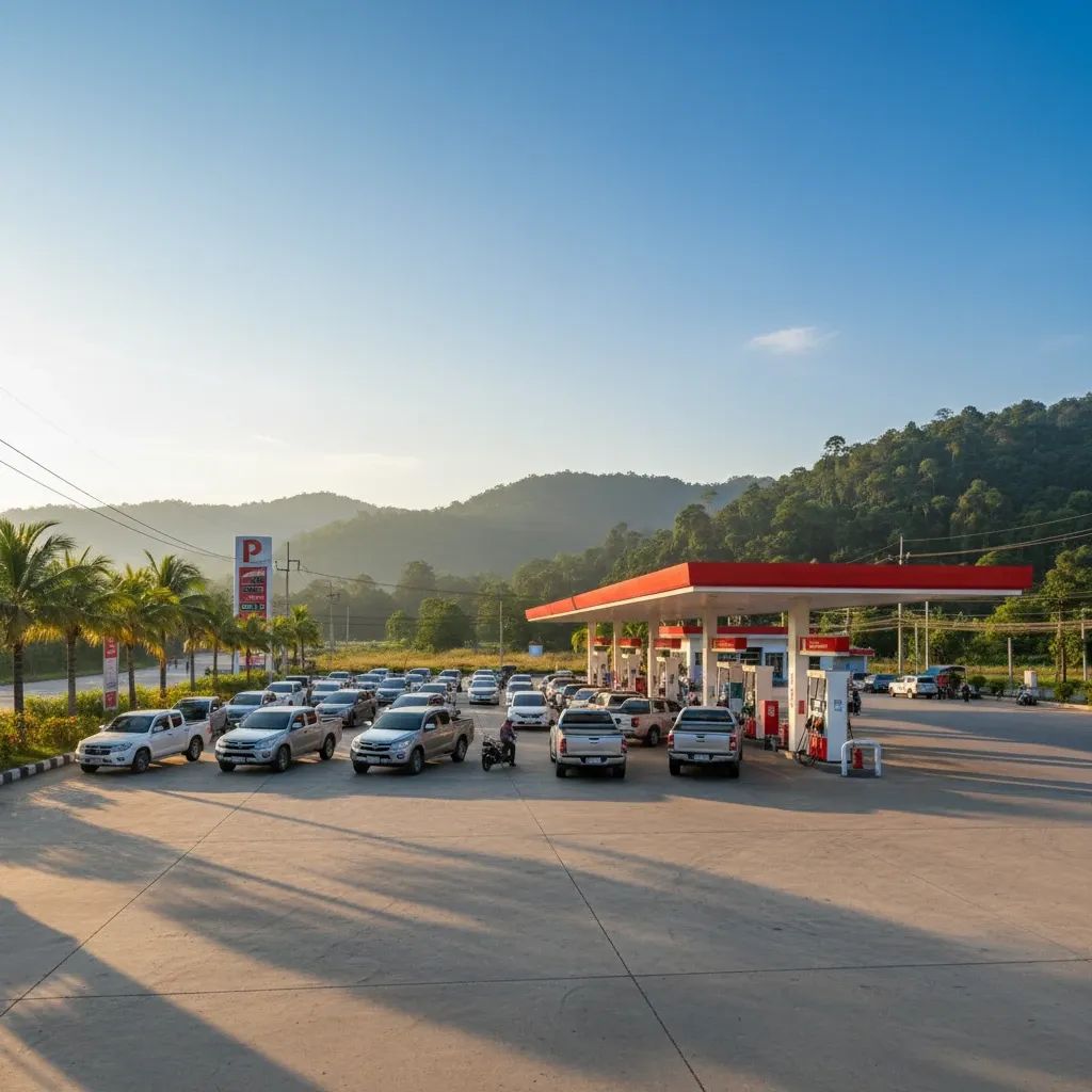 Vehicles queued at Thai petrol station during morning fuel shortage, depicting supply chain disruption in northern Thailand regions