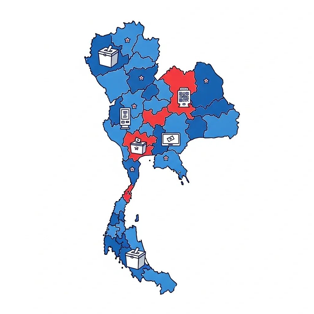 Infographic map of Thailand showing new electoral districts with ballot box and QR code icons