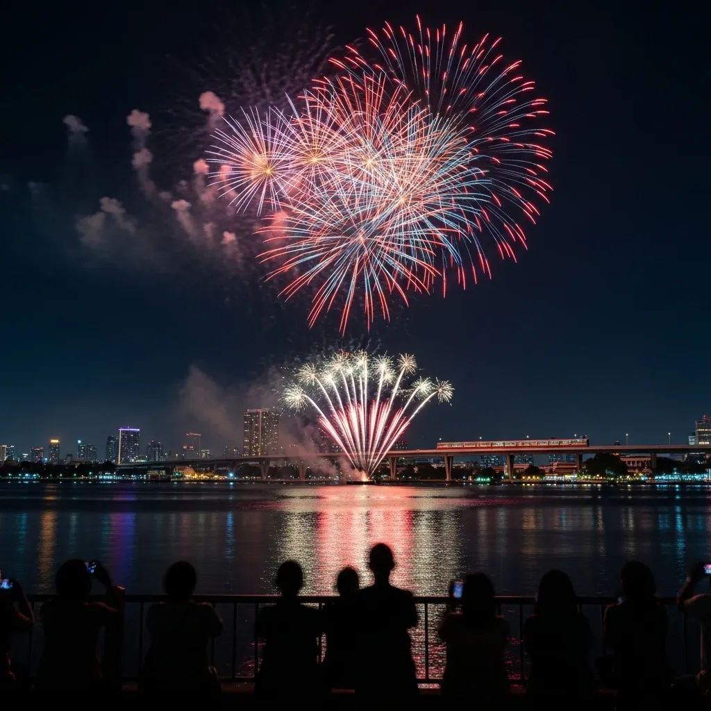 Fireworks over Chao Phraya River with Bangkok skyline and sky train silhouette at New Year’s Eve