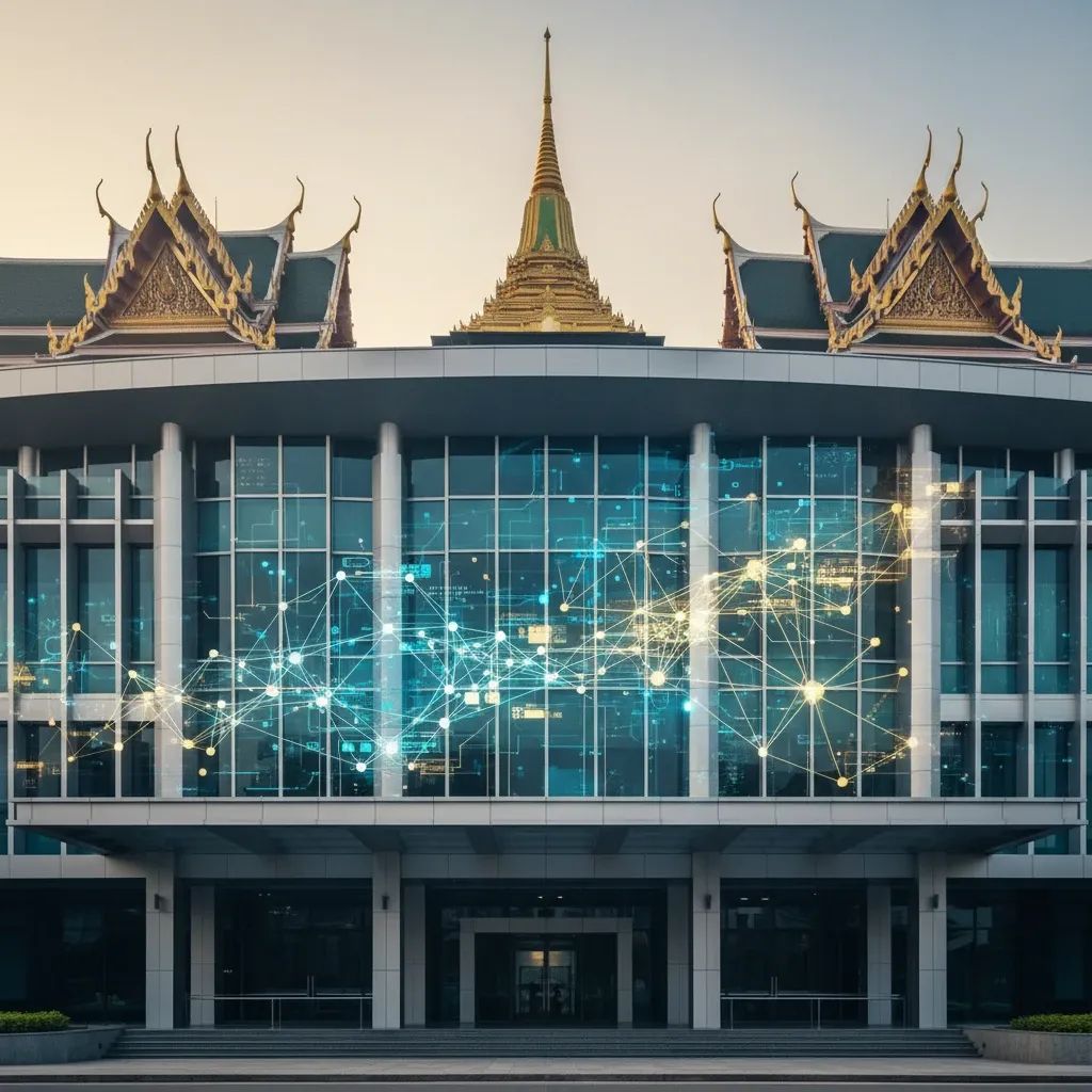 Government building with digital network overlay symbolizing Thailand’s digital government reforms