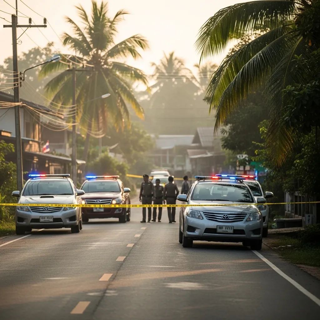 Police cordon on a rural Thai road with patrol cars and officers inspecting a crime scene